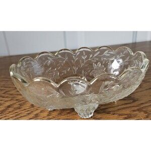 Vintage 1950s Louisa Candy Dish Jeanette Glass Clear Oval Scallop Edge Gold Trim